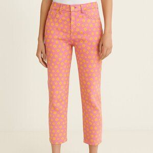 Zara Floral Straight Leg Ankle Jeans Coral Pink Yellow Flowers Size 6